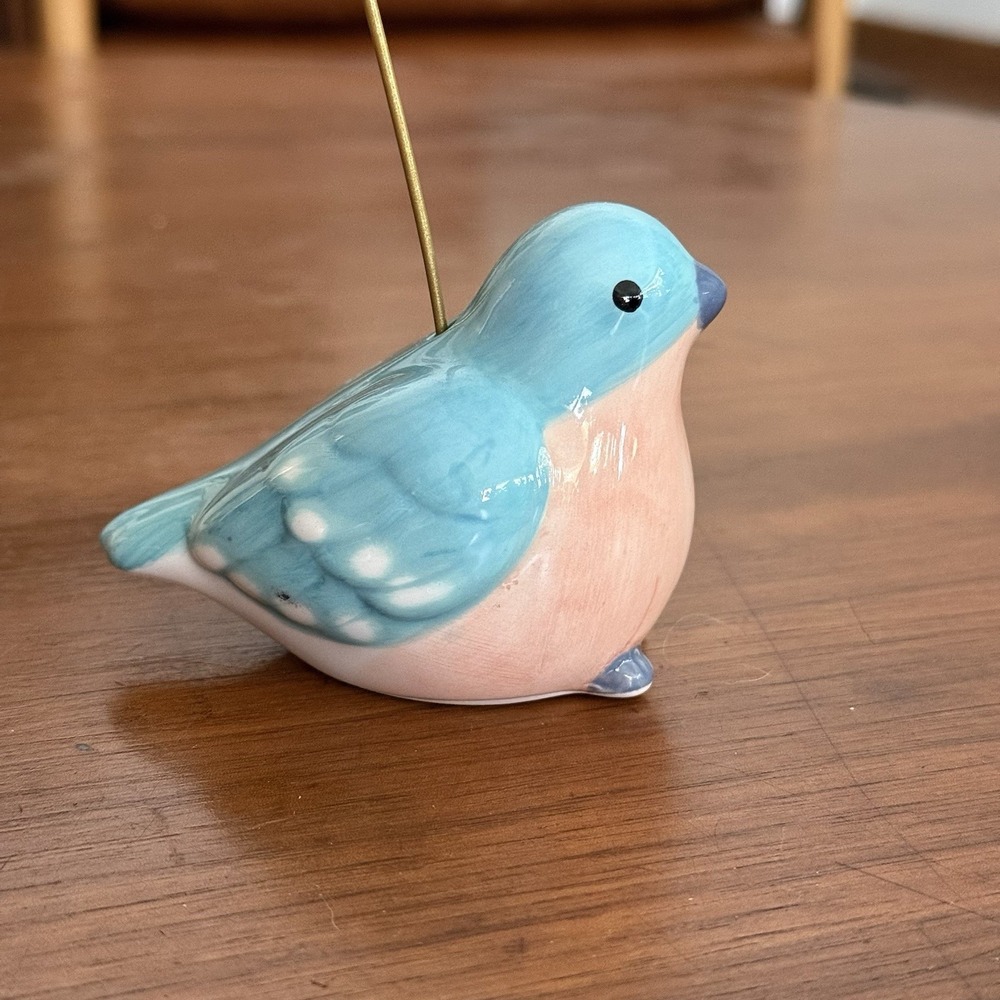 Ceramic Bluebird Figurine Photo Memo Place Card Holder Gold Wire Clip Blue Pink